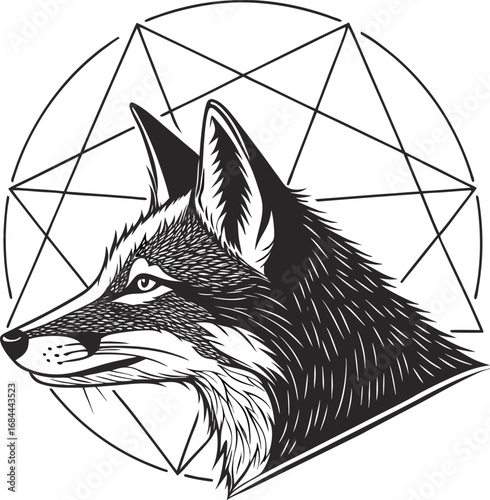 A cute cartoon wolf head drawing in black and white sketch for an illustration