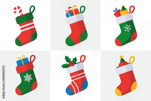 Christmas stocking gift vector illustrations, festive holiday socks collection, decorative seasonal art, cheerful celebration graphics, bright winter design elements