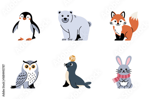 Winter animal character lineup, penguin polar bear fox owl seal rabbit, varied poses, vector stickers for holiday artwork