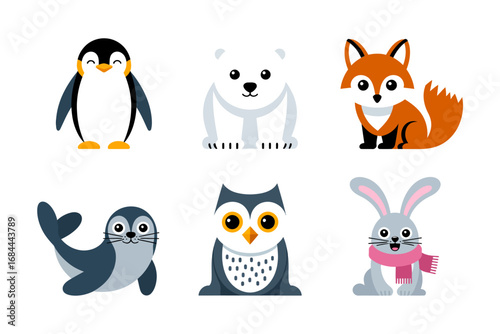 Cute wildlife icon pack, penguin polar bear fox owl rabbit seal illustrations, friendly character set for childrens designs