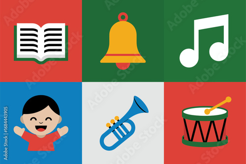 Festive music carol icons, bell book musical note child trumpet drum, colorful vector elements for holiday design