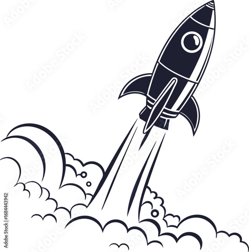 A colorful cartoon vector illustration of a vintage rocket airplane flying through space with a fish-like design