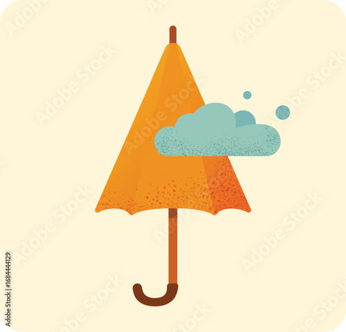 Orange umbrella with wooden handle and textured canopy on beige background. Blue rain cloud overlaps the umbrella creating a weather concept. Concept of fashion accessory, weather protection.