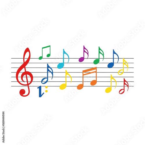 Harmonious hues: a vibrant spectrum of musical notes on staff lines for artful expression