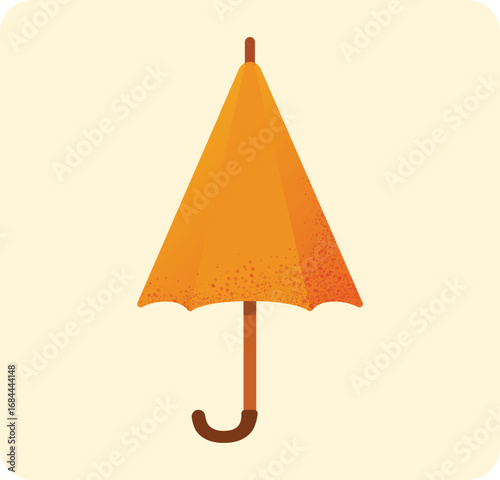 Orange umbrella with wooden handle closed canopy. Beige background. Minimalist design with textured details. Concept of fashion accessory. Weather protection.