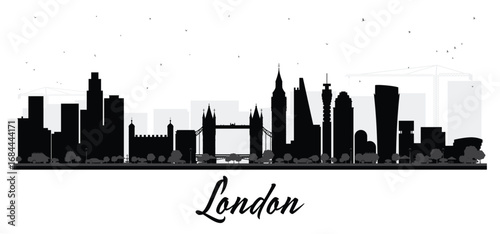 London City skyline black and white silhouette. Simple flat concept for tourism presentation, banner, placard or web site. Cityscape with landmarks.