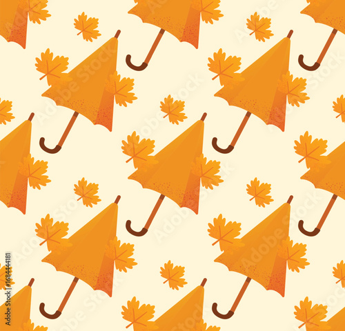 Seamless pattern with orange umbrellas and autumn leaves on beige background. Decorative design with seasonal texture and warm colors. Concept of fabric print, wrapping paper.
