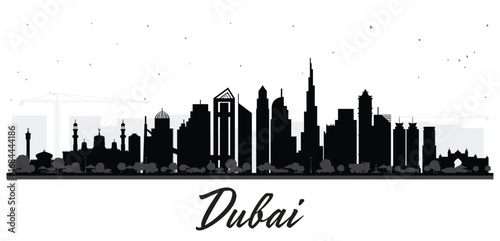Dubai UAE City skyline silhouette with black buildings isolated on white. Business travel and tourism concept. Dubai cityscape with landmarks.