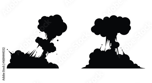 explosive force depicted through bold black silhouettes against white background