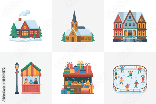 Winter holiday village houses illustration, Christmas town design, seasonal festive graphics, decorative celebration art, cheerful holiday elements, bright illustration style