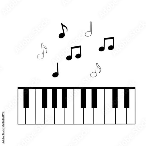 Musical composition illustration featuring piano keys and floating melodic musical notes arrangement