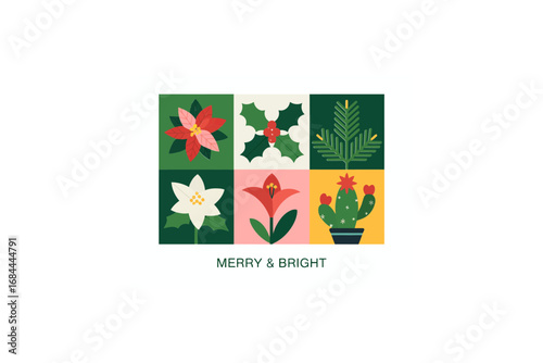 Merry and bright festive floral greeting illustration, seasonal holiday decoration vector, cheerful Christmas design, colorful winter flowers art, celebration graphics