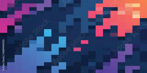 Abstract pixelated background with a dark blue base and colorful gradients forming irregular shapes.