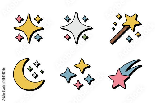 Mystical star and moon vector illustration, magical sparkle design set, celestial night sky graphics, decorative cosmic elements, dreamy fantasy art