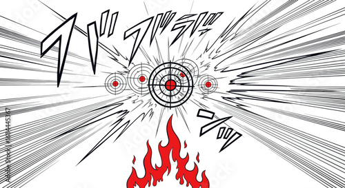 A dynamic manga-style illustration of multiple targets being shot with flames below and Japanese onomatopoeia.