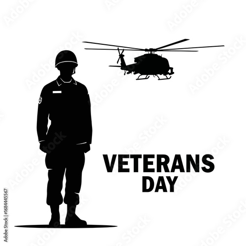 Silhouette imagery honoring veterans day with soldier and helicopter illustration graphic