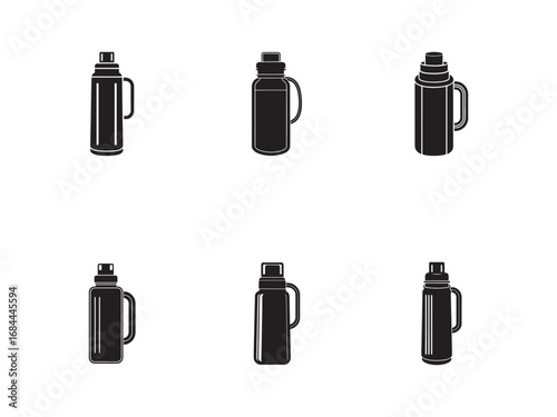 Black and White Silhouette Illustration of Six Different Thermos Flasks for Beverages on a White Background