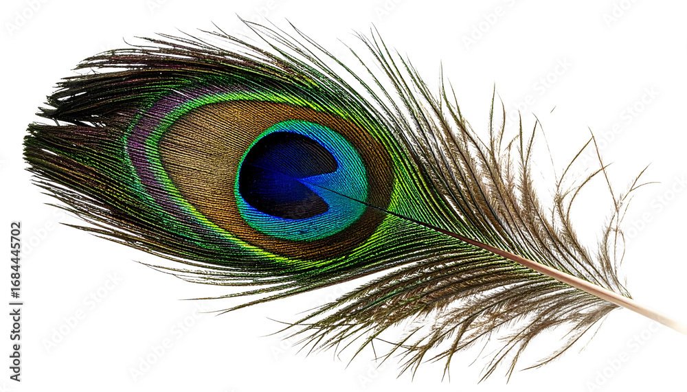 Obraz premium peacock feather isolated on a transparent background, provided as a PNG file.