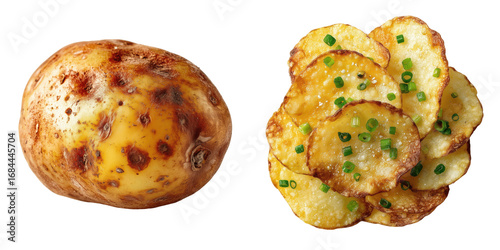 Potato's Transformation: A delicious visual journey, transitioning from a humble potato to golden, crispy chips. A perfect image for your culinary and food-related projects.