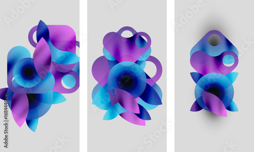 Abstract artwork. Three panels display overlapping translucent circles, shades purple, blue. Minimalist design, soft gradients, modern aesthetic.