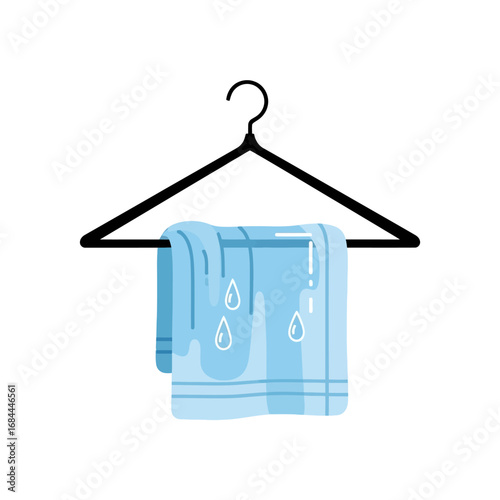 Freshly washed blue towel hanging on a black wire hanger drying with water droplets
