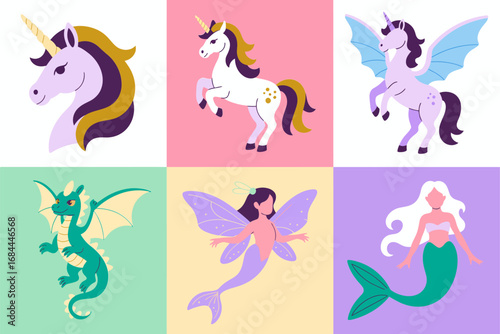 Fantasy unicorn and fairy tale character vector illustrations, dragon and mermaid graphics, whimsical magical art design, colorful decorative elements, mystical style
