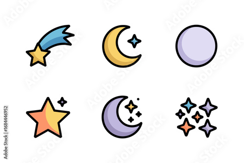 Magical celestial moon and star vector illustrations, cosmic fantasy night sky graphics, whimsical decorative art, mystical elements design, colorful style