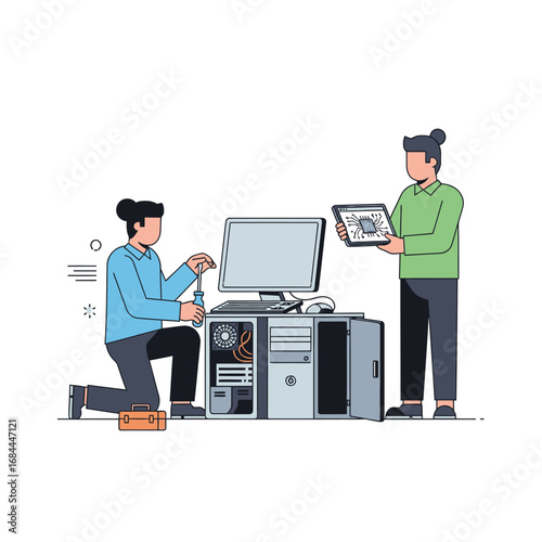 Computer maintenance and repair illustration showcases teamwork and technical expertise effectively