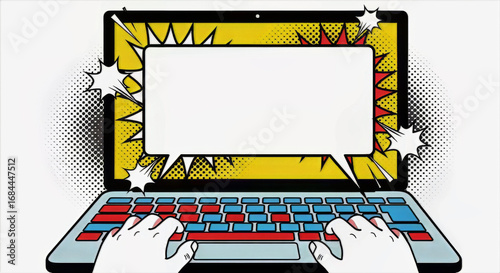 A laptop with a blank speech bubble on the screen and hands typing on a colorful keyboard design shown