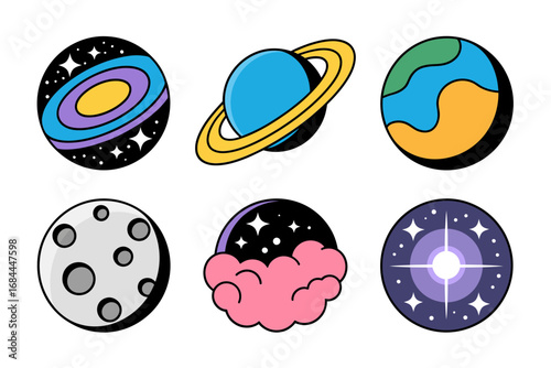 Astronomy planets and moon vector illustrations, cosmic galaxy inspired art, solar system graphics, colorful celestial design elements, decorative space themed style