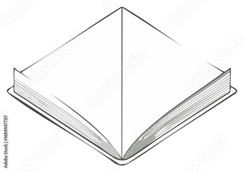 Isometric line art illustration of an open book with empty blank pages