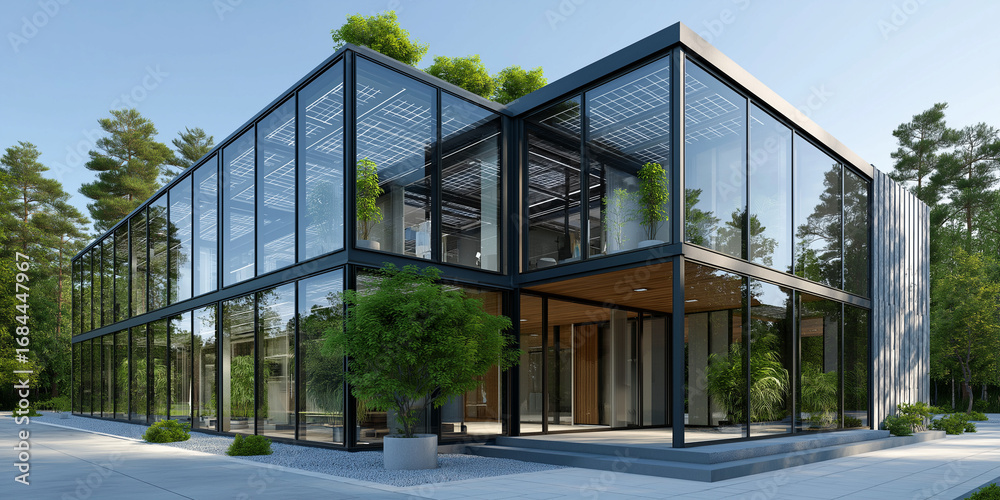 Obraz premium Innovative architectural design of a glass house utilizing solar power and geothermal energy for energy independence suburban area exterior view