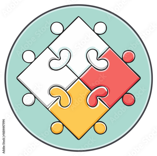 Teamwork Concept with Four Puzzle Pieces in Circle and Dots around Collaboration Theme