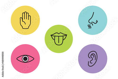 Five human senses editable stroke outline icons set isolated on white background flat vector illustration. Pixel perfect. Simple line icons and color circles, vector illustration. Best Designs. EPS 10