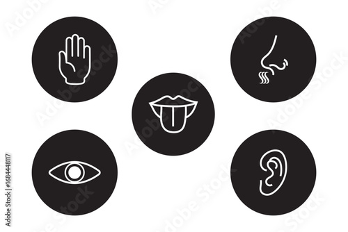 Five human senses editable stroke outline icons set isolated on white background flat vector illustration. Pixel perfect. Simple line icons and color circles, vector illustration. Best Designs. EPS 10
