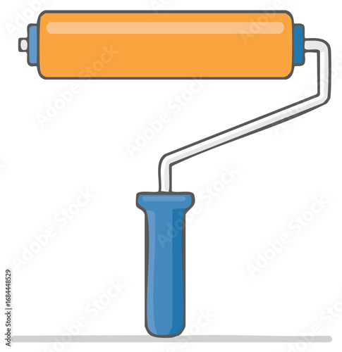 Illustration of an orange paint roller with a blue handle for painting walls and ceilings indoors.