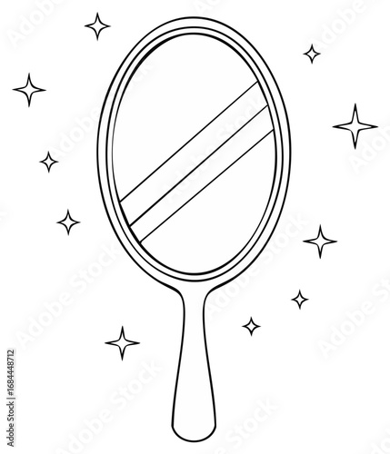 Hand mirror line art surrounded by stars - cartoon outline illustration