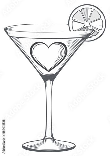 Hand drawn romantic cocktail with a heart shape and lemon garnish line art