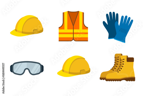 Site safety helmet and gear icon collection, hard hat boot goggles gloves vest ear protection, construction PPE set