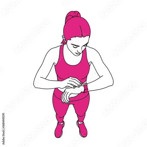 A woman in athletic wear checks her smartwatch, viewed from above, on a white background.