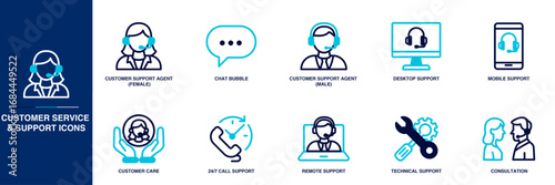 Customer Service and Support Blue Colored Outline Icon Set