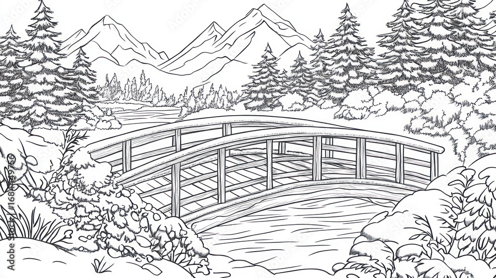 custom made wallpaper toronto digitalWinter landscape with arched bridge, mountains, and forest. Coloring book image