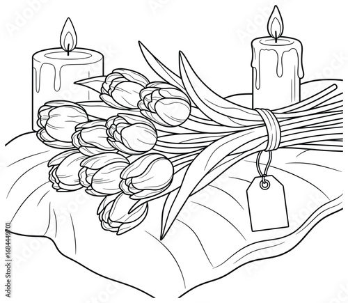 Tulip bouquet tied with a tag placed on a cloth beside burning candles line art vector illustration designed for adult coloring pages and cozy creative floral projects inspired by romantic décor