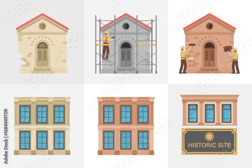 Classic architecture vector icons, ancient house illustrations, heritage building restoration elements, cultural monuments, historical landmark preservation design set