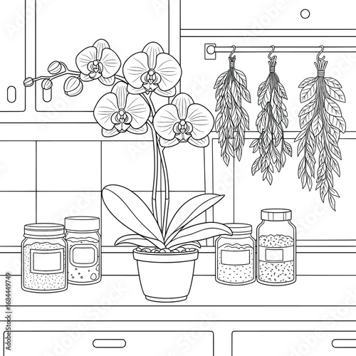 Orchid plant in a pot placed on a kitchen counter with spice jars and hanging herbs line art vector illustration designed for adult coloring pages and cozy creative floral projects