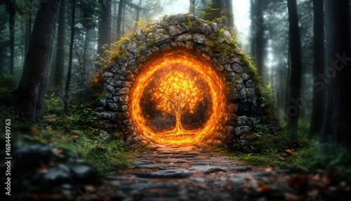 Ancient magical stone gate with portal archway enveloped in creepers, digital art piece that appears
