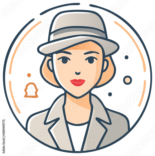 Professional woman avatar with a fedora hat and trench coat vector illustration