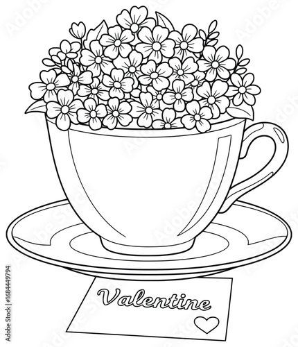 Flower bouquet arranged in a teacup on a saucer with a Valentine card line art vector illustration designed for adult coloring pages and romantic creative floral projects inspired by love 