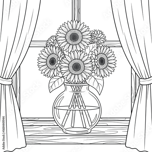 Sunflower bouquet arranged in a glass vase placed on a wooden windowsill with curtains line art vector illustration designed for adult coloring pages and cozy creative floral home decoration projects