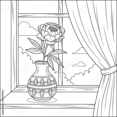 Peony flower arranged in a decorative vase placed on a windowsill with curtains and sky view line art vector illustration designed for adult coloring pages and elegant creative floral projects